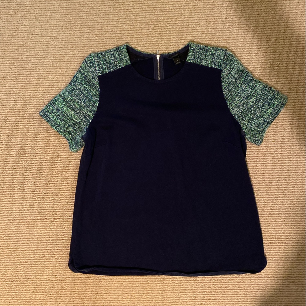 JCrew navy blue tip with tweed sleeve detail